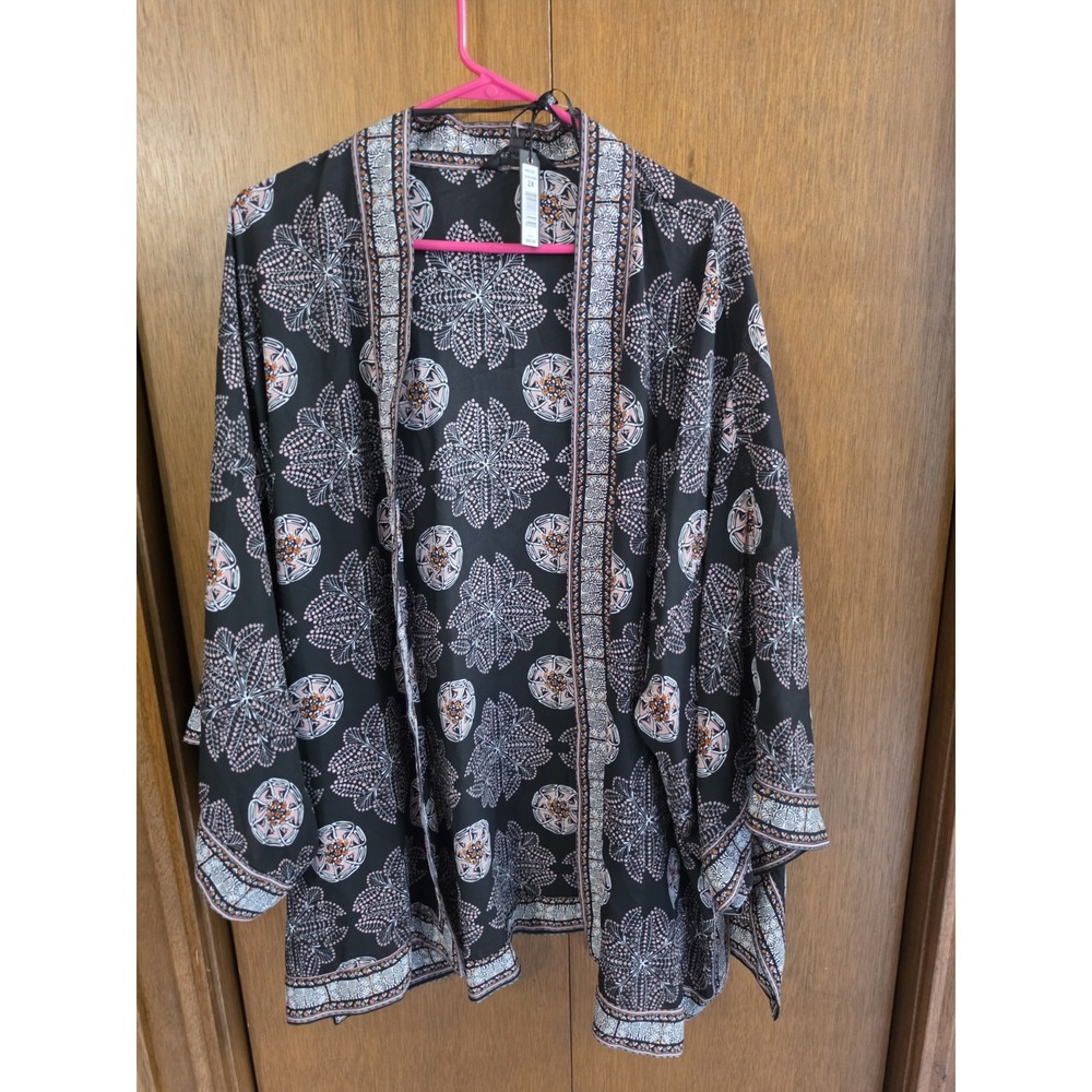 Max Studio Women's Kimono Floral Paisley Open Front Cardigan Black Pink Size 2xl